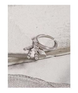 Macro detail of S925 sterling silver ring showing ball beads and pearl cluster accents