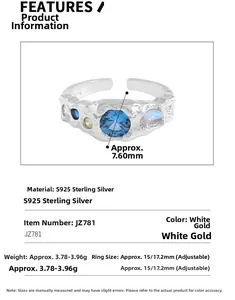 Detail view of S925 sterling silver ring with blue zircon and textured crinkle finish
