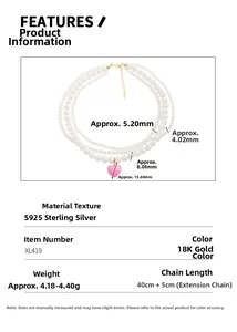 Detail view of multi-layer S925 silver pearl necklace with pink enamel heart pendant