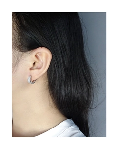 Close-up of S925 silver hoop earring with micro-paved rectangular zircon stones