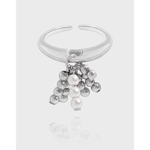 925 Sterling Silver Artificial Pearl Open Ring Minimalist Geometric Beads Tassel Adjustable Ring For Women Korean Style Jewelry