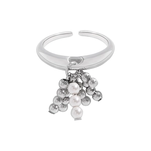 S925 sterling silver minimalist open ring with dangling metal beads and white pearls