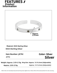 Detailed specs of S925 sterling silver brushed ring with 2.57mm width and zircons