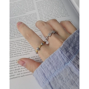Minimalist S925 sterling silver ring set with irregular meteorite beads on open bands