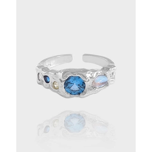 925 Sterling Silver Ring For Women Vintage Irregular Wrinkle Texture Moonstone Blue Rhinestone Adjustable Open Ring Jewelry