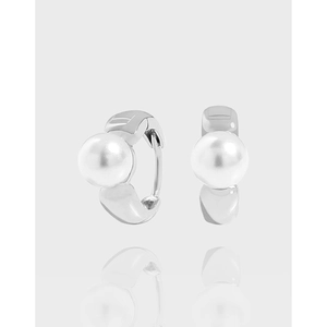 925 Sterling Silver Artificial Pearl Huggie Earrings Minimalist Geometric Hoop Jewelry With White Gold Plated Finish For Women