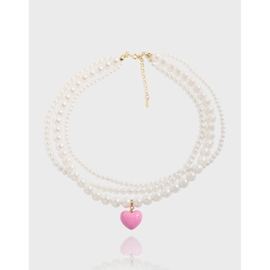 Multi Layer Artificial Pearl Necklace S925 Sterling Silver Pink Enamel Heart Pendant Elegant Sweet Jewelry For Women Adjustable