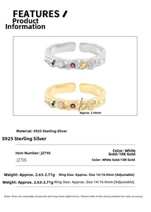 Détail de bagues en argent S925 texturé serties de zircons cubiques multicolores
