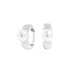 S925 silver minimalist geometric huggie earrings with round white pearls on a white background