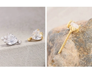Détail du poinçon S925 et clous d'oreilles en forme de cœur en zircon doré et argenté
