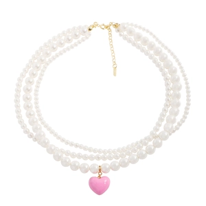 Three-layer pearl necklace with pink enamel heart pendant and golden hardware for women