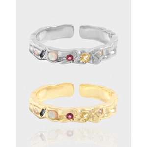 Bague Ouverte Réglable en Argent Sterling 925 pour Femme Texture Martelée Vintage Avec Strass Colorés Incrustés Bijoux