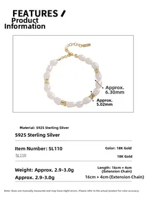 Détails du bracelet perles en argent S925 avec perles 6,30mm et chaîne de 16cm plus 4cm