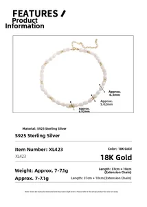 Vue détaillée du collier de perles en argent S925 avec entretoises en or 18K et fermoir mousqueton