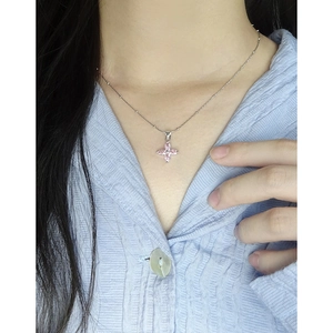 Minimalist S925 sterling silver necklace with pink cherry blossom zircon pendant