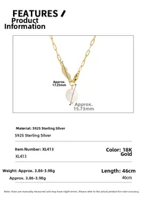 Detailed specs of S925 silver gold necklace with baroque pearl and leaf pendant size