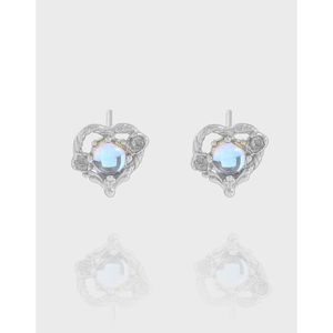 Orecchini a Bottone in Argento Sterling 925 con Pietra di Luna a Cuore per Donna Design Minimalista Vintage Filigrana Svuotata Gioielli