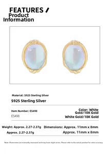 Macro detail of S925 sterling silver moonstone stud earrings with 11x8mm size info