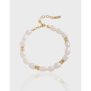 Élégant Bracelet en Argent Sterling 925 Perle Artificielle pour Femme Style Ins Luxe Léger Plaqué Or Bracelet Maillons Perles Irrégulières Bijoux