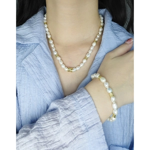 Ensemble collier et bracelet en perles d'argent S925 avec perles dorées texturées femme