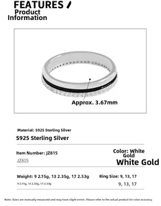 Detailed size chart for S925 silver ring featuring black enamel and zircon inlay work