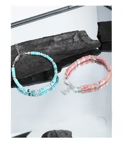 Detailed close-up of S925 silver beaded bracelets with turquoise and pink rhodonite stones