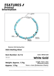 Detail view of S925 sterling silver turquoise bead bracelet with 1.75g weight and 16cm length