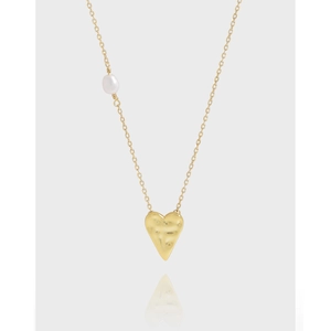 925 Sterling Silver Hammered Heart Necklace With Artificial Pearl Gold Plated Minimalist Elegant Pendant Jewelry For Women