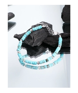 Detail of double-layer S925 silver bracelet with turquoise beads and lobster clasp