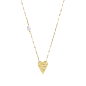 Elegant gold heart pendant necklace with hammered texture and a single white pearl accent
