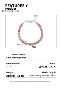 Detail showing S925 sterling silver beads and pink rhodochrosite stone beads on a bracelet