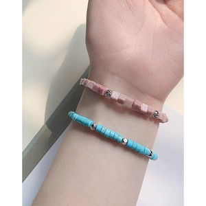Minimalist S925 silver beaded bracelet set with pink stones and blue turquoise charms