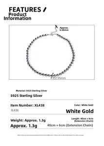 Detail of S925 sterling silver grey bead necklace with 6.06mm and 7.95mm diameter measurements