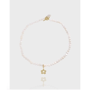 925 Sterling Silver Freshwater Pearl Necklace For Women Baroque Pearl OT Buckle Flower Pendant 18K Gold Plated Jewelry