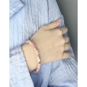Minimalist S925 sterling silver beaded bracelet with pink square rhodochrosite stones