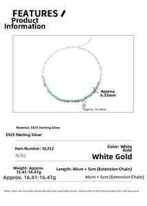 Detailed technical diagram of S925 silver necklace with green beads and zircon pendant