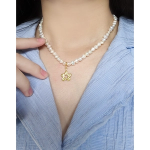 Baroque pearl necklace for women featuring a gold flower OT buckle and S925 silver finish