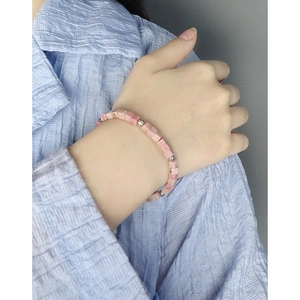 Minimalist S925 sterling silver beaded bracelet featuring pink rhodochrosite square stones