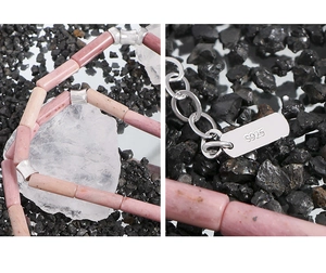 Macro view of S925 sterling silver tag and pink rhodochrosite beads on a necklace