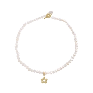 Elegant Baroque pearl necklace for women with gold flower pendant and OT toggle clasp