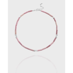 925 Sterling Silver Pink Rhodonite Beaded Necklace For Women Minimalist Elegant Natural Stone Clavicle Chain Jewelry Gift