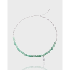 Korean Style 925 Sterling Silver Green Aventurine Necklace Niche Luxury Design Water Drop Zirconia Pendant Splicing Necklace