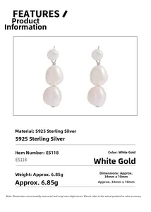 Detailed size chart for S925 sterling silver baroque pearl drop earrings with specs