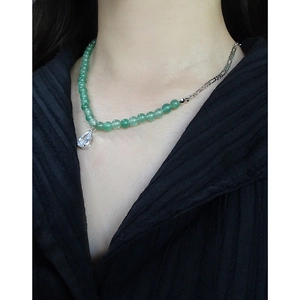 S925 silver necklace with green aventurine beads and a teardrop zircon pendant
