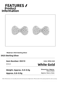 Macro detail of S925 sterling silver bow earrings with measurements and 0.8g weight specs