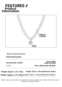 S925 sterling silver necklace detail with 4.2mm pearl and 9.2mm zircon pendant specs