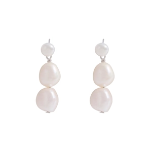 Baroque natural pearl drop earrings with S925 sterling silver three-tier design
