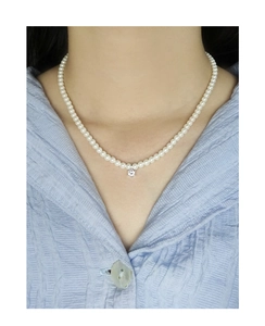 Close-up of elegant S925 silver necklace with round white pearls and zircon pendant