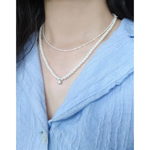 Elegant 925 silver double-layered necklace set with round pearl and sparkling zircon pendant