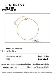 Spécifications du bracelet en argent S925 doré 18K avec les dimensions détaillées
